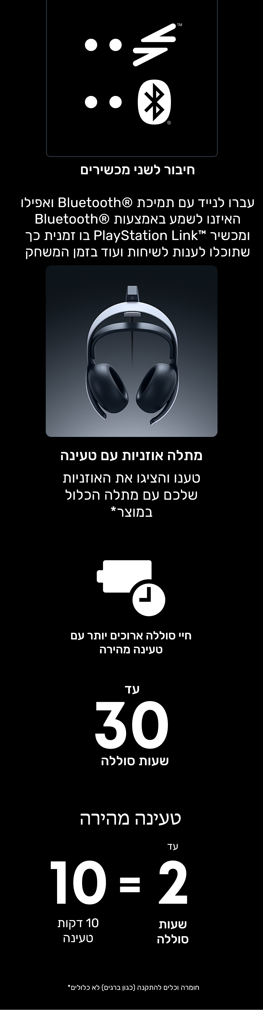 חיבור לשני מכשירים
עברו לנייד עם תמיכת Bluetooth® ואפילו האיזנו לשמע באמצעות Bluetooth® ומכשיר PlayStation Link™ בו זמנית כך שתוכלו לענות לשיחות ועוד בזמן המשחק.
תפס טעינה
טענו והציגו את ערכת הראש שלכם עם התפס הכלול במוצר.*
חיי סוללה ארוכים יותר עם טעינה מהירה.
עד 30 שעות חיי סוללה
טעינה מהירה
דקת טעינה = עד שעתיים של חיי סוללה
*חומרה וכלים להתקנה (כגון ברגים) לא כלולים.