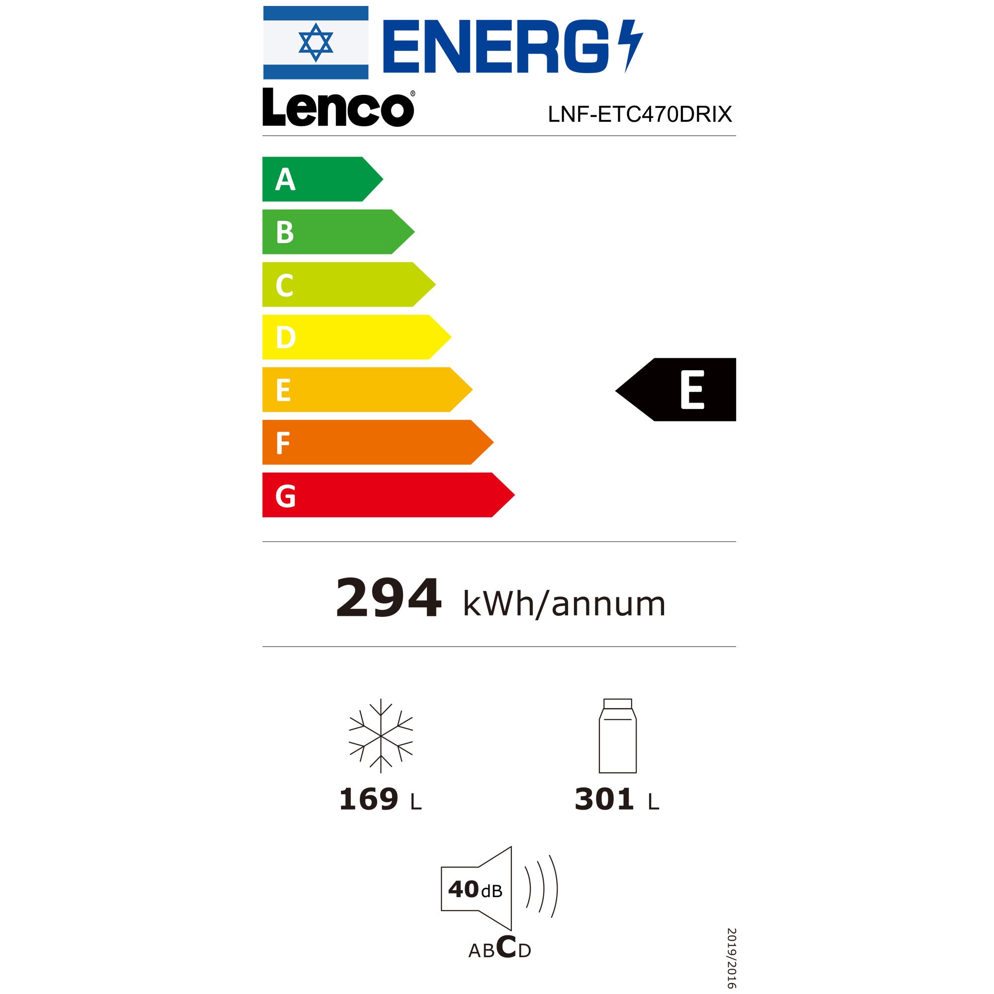 גימור – צבע נירוסטה מושחרת
מצב שבת בהכשר "צומת"
תצוגת חיווי LCD חיצונית
מערכת הפשרה אוטומטית – No Frost
דירוג הקפאה 4 כוכבים 18° -
רגליות ייצוב מתכווננות
תאורת LED פנימית
מדפי רשת הניתנים לכיוון לגובה
מדפי דלתות ואביזרים בצבע שקוף
2 מגירות במקרר
6 מגירות במקפיא
מידע טכני
נפח כללי – 470 ל '
נפח תא קירור נטו – 301 ל '
נפח תא הקפאה נטו – 169 ל '
מידות – גובה 185 ס"מ / רוחב 85 ס"מ / עומק 67.8 ס"מ
דירוג אנרגטי E