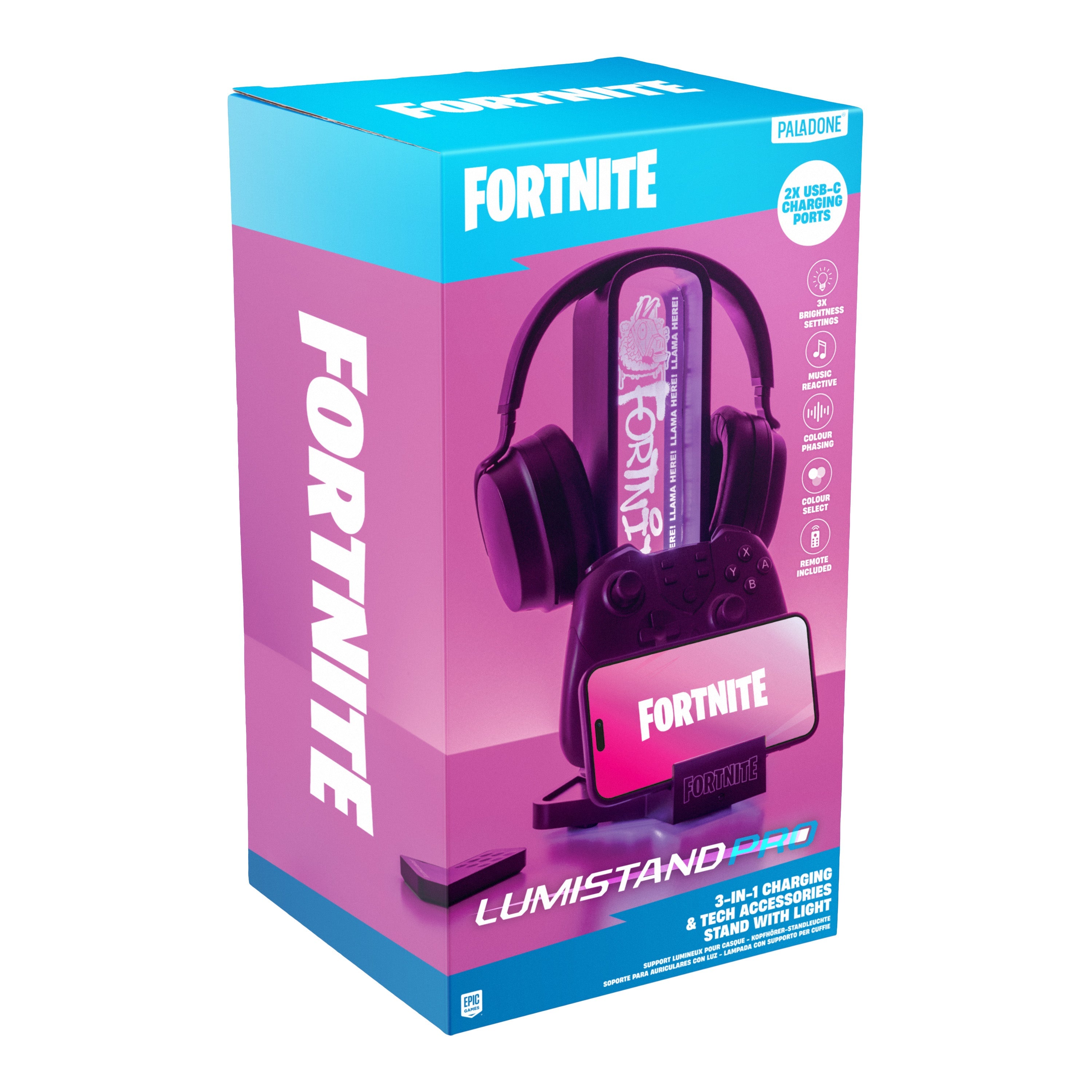 מעמד עם תאורת LED Fortnite 3 ב- 1 אוזניות סלולר עם בקר