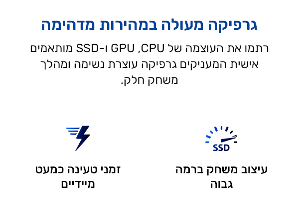 רתמו את העוצמה של CPU, GPU ו-SSD מותאמים אישית המעניקים גרפיקה עוצרת נשימה ומהלך משחק חלק.
זמני טעינה כמעט מיידיים