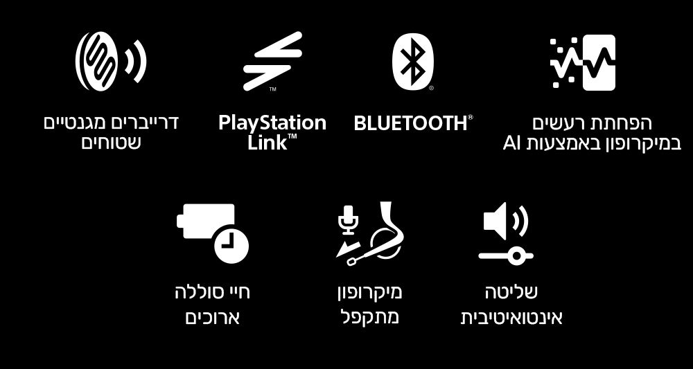 דרייברים מגנטיים שטוחים
PlayStation Link™‎
Bluetooth®‎
חיי סוללה ארוכים
מיקרופון מתקפל
הפחתת רעשים במיקרופון באמצעות AI
שליטה אינטואיטיבית
דרייברים מגנטיים שטוחים
