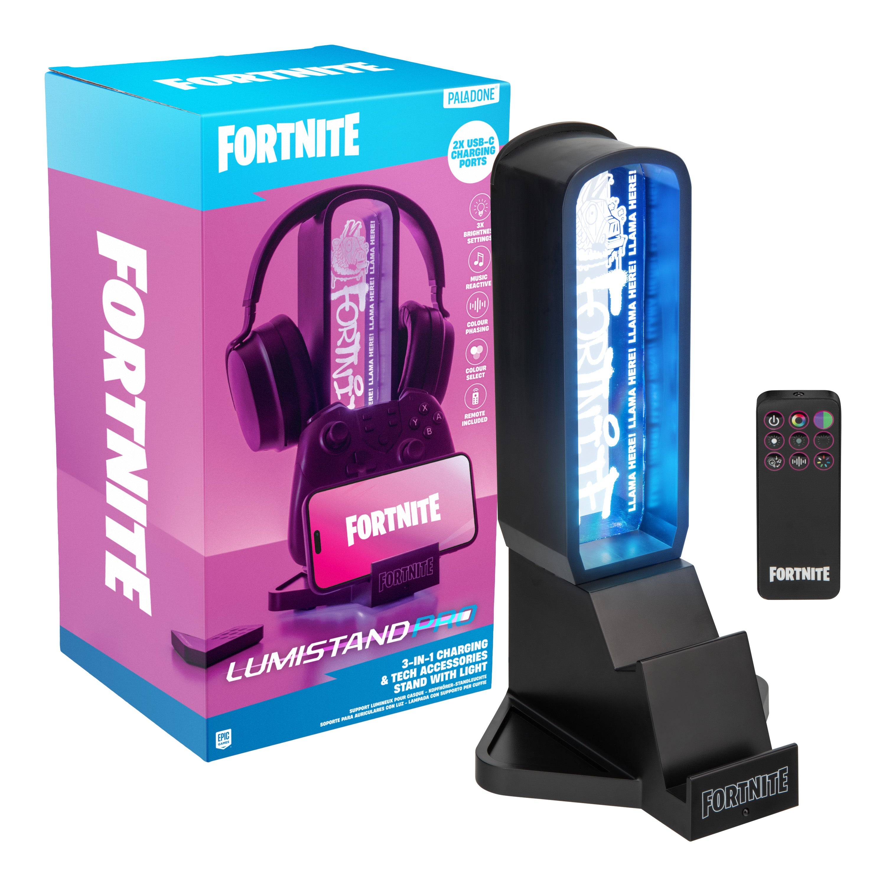 מעמד עם תאורת LED Fortnite  3 ב- 1 אוזניות סלולר עם בקר