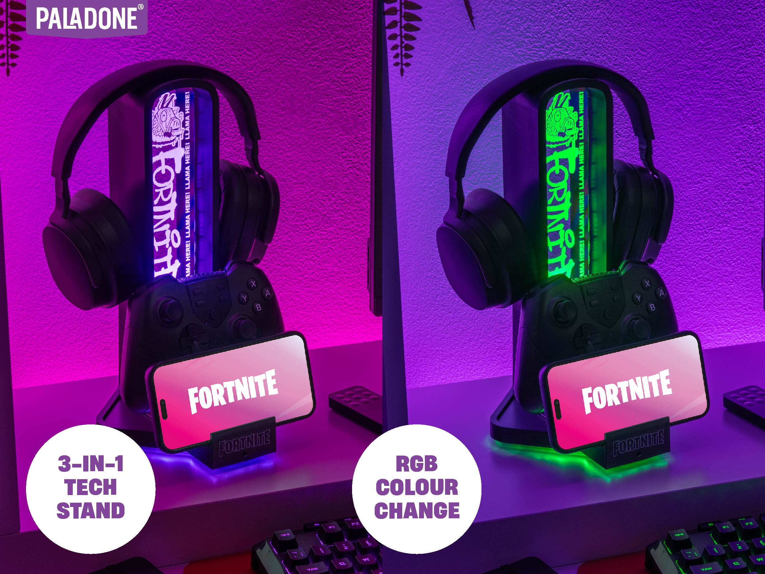 מעמד עם תאורת LED Fortnite  3 ב- 1 אוזניות סלולר עם בקר