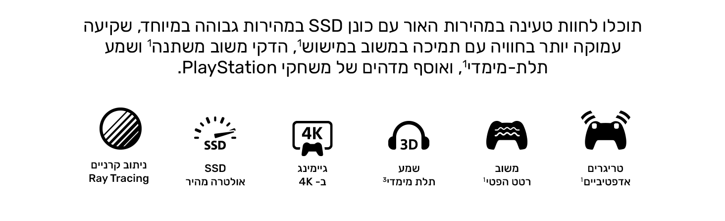 תוכלו לחוות טעינה במהירות האור עם כונן SSD במהירות גבוהה במיוחד, שקיעה עמוקה יותר בחוויה עם תמיכה במשוב במישוש1, הדקי משוב משתנה1 ושמע תלת-מימדי1, ואוסף מדהים של משחקי PlayStation.