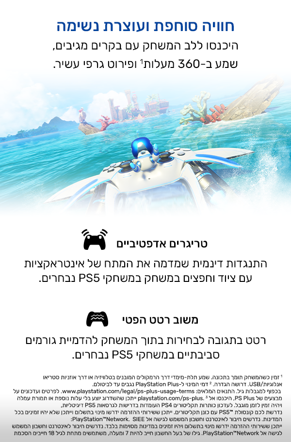 היכנסו ללב המשחק עם בקרים מגיבים, שמע ב-360 מעלות1 ופירוט גרפי מורכב.
הדקי משוב משתנה
התנגדות דינמית שמדמה את המתח של אינטראקציות עם ציוד וחפצים במשחק במשחקי PS5‎ נבחרים.
